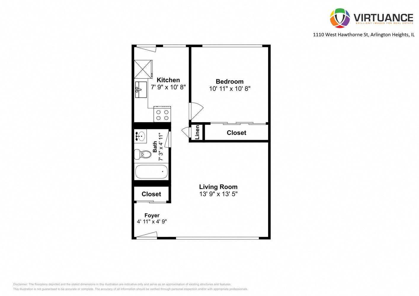 Floor plan for 1 bed, 1 bath, 600 sqft